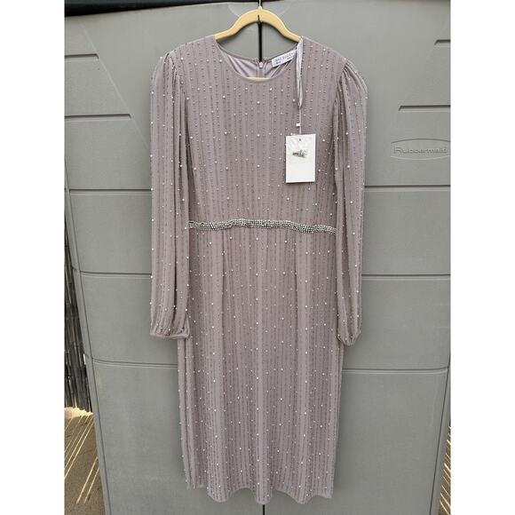 Mac Duggal 93622 LONG PUFF SLEEVE PEARL BEADED MIDI DRESS VINTAGE LILAC SZ 20 - Picture 4 of 16